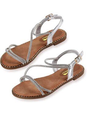 Women's Silver Summer Sparkle Rhinestone Back Elastic Ankle Strap Flat Sandals